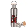 Μεταλλικό παγούρι θερμός (Stainless steel) Ασημένιο με ξύλινο καπακι (bamboo), διπλού τοιχώματος, 750ml