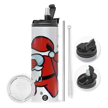 Among US Xmas, Travel Tumbler θερμό με διπλό καπάκι, μεταλλικό καλαμάκι και βούρτσα καθαρισμού (Ανωξείδωτο 304 Food grade, BPA free, 600ml)