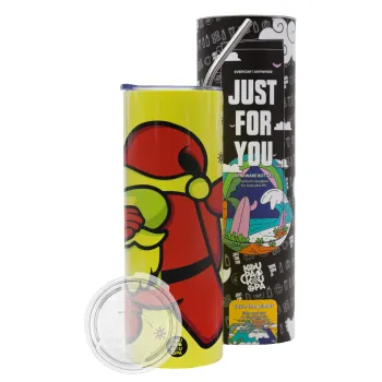 Among US Xmas, Neon Yellow Travel Tumbler θερμό, μεταλλικό καλαμάκι(Ανωξείδωτο 304 Food grade, BPA free, 600ml)