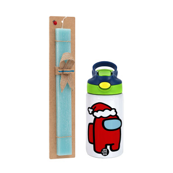 Among US Santa, Πασχαλινό Σετ, Παιδικό παγούρι θερμό, ανοξείδωτο, με καλαμάκι ασφαλείας, πράσινο/μπλε (350ml) & πασχαλινή λαμπάδα αρωματική πλακέ (30cm) (ΤΙΡΚΟΥΑΖ)