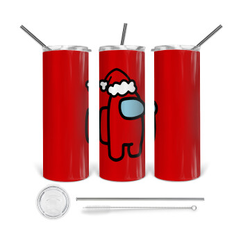 Among US Santa, Tumbler ποτήρι θερμό από ανοξείδωτο ατσάλι 600ml, με μεταλλικό καλαμάκι & βούρτσα καθαρισμού
