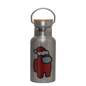 Among US Santa, Stainless steel metallic thermos flask, silver with a bamboo lid, double-walled, 350ml.