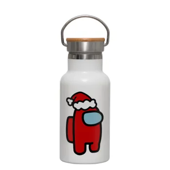 Among US Santa, Metallic thermos (Stainless steel) White with wooden lid (bamboo), double-walled, 350ml