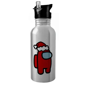 Among US Santa, Παγούρι νερού Ασημένιο με καλαμάκι, ανοξείδωτο ατσάλι 600ml