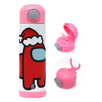 Among US Santa, Παιδικό παγούρι θερμό, ανοξείδωτο, με καλαμάκι ασφαλείας, ΡΟΖ (500ml)