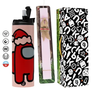 Among US Santa, Πασχαλινή Λαμπάδα με  ΡΟΖ Travel Tumbler θερμό (600ml, BPA free) & κερί αρωματικό πλακέ (30cm) (ΡΟΖ)