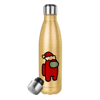 Among US Santa, Glitter gold stainless steel thermos bottle, double-walled, 500ml