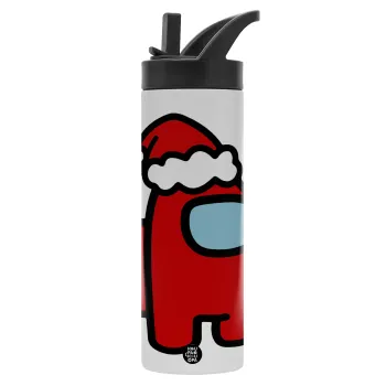 Among US Santa, Metallic thermos bottle with straw & handle, stainless steel (Stainless steel 304), double-walled, 600ml.