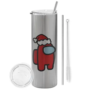 Among US Santa, Tumbler ποτήρι θερμό Ασημένιο από ανοξείδωτο ατσάλι 600ml, με μεταλλικό καλαμάκι & βούρτσα καθαρισμού