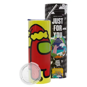 Among US Santa, Neon Yellow Travel Tumbler θερμό, μεταλλικό καλαμάκι(Ανωξείδωτο 304 Food grade, BPA free, 600ml)
