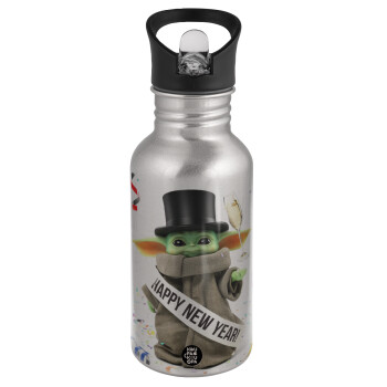 Yoda happy new year, Water bottle Silver with straw, stainless steel 500ml