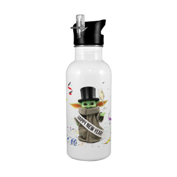Yoda happy new year, White water bottle with straw, stainless steel 600ml