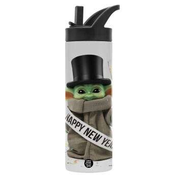Yoda happy new year, Μεταλλικό παγούρι θερμός με καλαμάκι & χειρολαβή, ανοξείδωτο ατσάλι (Stainless steel 304), διπλού τοιχώματος, 600ml