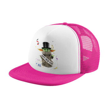Yoda happy new year, Καπέλο Soft Trucker με Δίχτυ Pink/White 