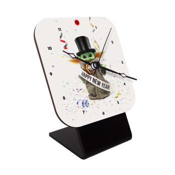 Yoda happy new year, Quartz Wooden table clock with hands (10cm)