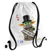 Yoda happy new year, Τσάντα πλάτης πουγκί GYMBAG λευκή, με τσέπη (40x48cm) & χονδρά κορδόνια