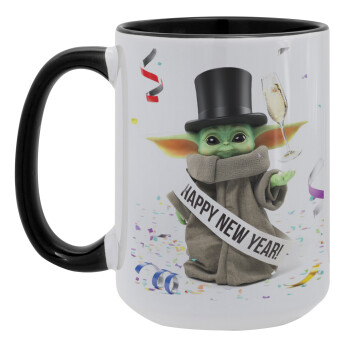 Yoda happy new year, Κούπα Mega 15oz, κεραμική Μαύρη, 450ml