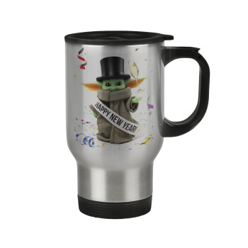 Yoda happy new year, Stainless steel travel mug with lid, double wall 450ml