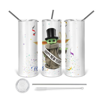 Yoda happy new year, 360 Eco friendly ποτήρι θερμό (tumbler) από ανοξείδωτο ατσάλι 600ml, με μεταλλικό καλαμάκι & βούρτσα καθαρισμού