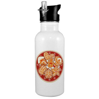 xmas cookies, White water bottle with straw, stainless steel 600ml