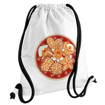 xmas cookies, Τσάντα πλάτης πουγκί GYMBAG λευκή, με τσέπη (40x48cm) & χονδρά κορδόνια