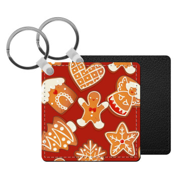 xmas cookies, Μπρελόκ Δερματίνη, τετράγωνο ΜΑΥΡΟ (5x5cm)