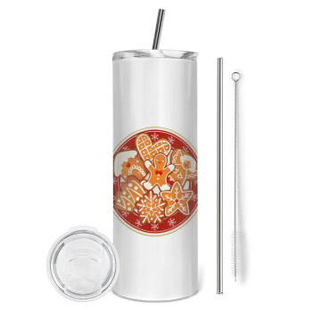 xmas cookies, Tumbler ποτήρι θερμό από ανοξείδωτο ατσάλι 600ml, με μεταλλικό καλαμάκι & βούρτσα καθαρισμού