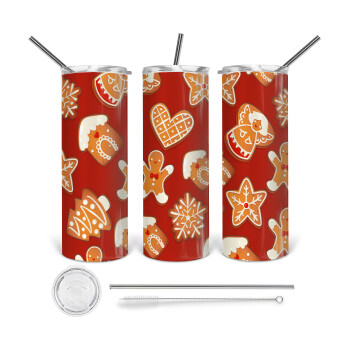 xmas cookies, Tumbler ποτήρι θερμό από ανοξείδωτο ατσάλι 600ml, με μεταλλικό καλαμάκι & βούρτσα καθαρισμού