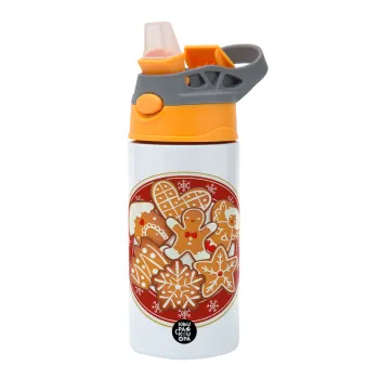 xmas cookies, Children's hot water bottle, stainless steel, with safety straw, Orange/Grey (360ml) BPA-FREE