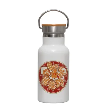 xmas cookies, Metallic thermos (Stainless steel) White with wooden lid (bamboo), double-walled, 350ml