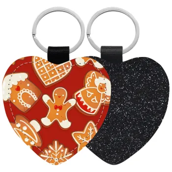 xmas cookies, Μπρελόκ PU δερμάτινο glitter καρδιά ΜΑΥΡΟ
