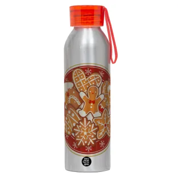 xmas cookies, Αλουμινένιο Αθλητικό Μπουκάλι 650ml – Ασημί με Κόκκινο Καπάκι και Λουράκι Σιλικόνης
