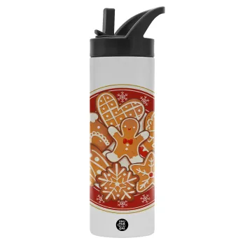xmas cookies, Metallic thermos bottle with straw & handle, stainless steel (Stainless steel 304), double-walled, 600ml.