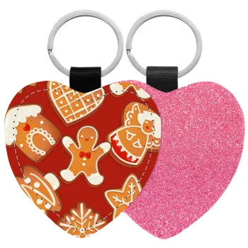 xmas cookies, Μπρελόκ PU δερμάτινο glitter καρδιά ΡΟΖ