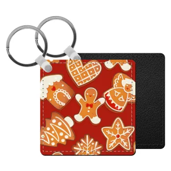 xmas cookies, Μπρελόκ Δερματίνη, τετράγωνο ΜΑΥΡΟ (5x5cm)