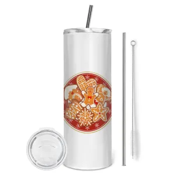 xmas cookies, Tumbler ποτήρι θερμό από ανοξείδωτο ατσάλι 600ml, με μεταλλικό καλαμάκι & βούρτσα καθαρισμού