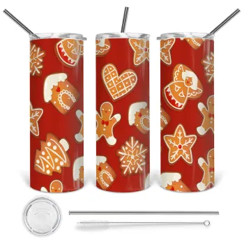 xmas cookies, Tumbler ποτήρι θερμό από ανοξείδωτο ατσάλι 600ml, με μεταλλικό καλαμάκι & βούρτσα καθαρισμού
