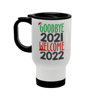 Goodbye 2021, welcome 2022, Κούπα ταξιδιού ανοξείδωτη με καπάκι, διπλού τοιχώματος (θερμό) λευκή 450ml