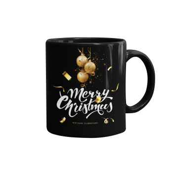 Merry Christmas gold, Κούπα Μαύρη, κεραμική, 330ml