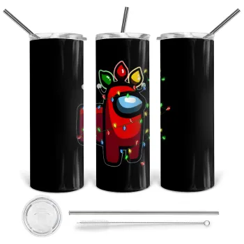 Among US xmas lights, Tumbler ποτήρι θερμό από ανοξείδωτο ατσάλι 600ml, με μεταλλικό καλαμάκι & βούρτσα καθαρισμού