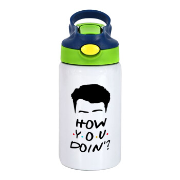 Friends how you doin?, Children's hot water bottle, stainless steel, with safety straw, green, blue (350ml)