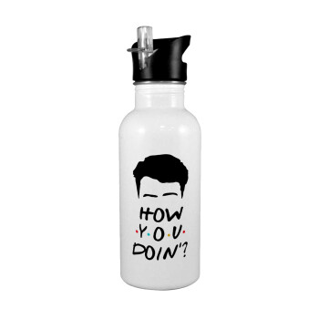 Friends how you doin?, White water bottle with straw, stainless steel 600ml
