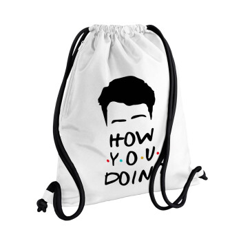 Friends how you doin?, Backpack pouch GYMBAG white, with pocket (40x48cm) & thick cords