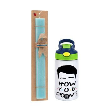 Friends how you doin?, Easter Set, Children's thermal stainless steel bottle with safety straw, green/blue (350ml) & aromatic flat Easter candle (30cm) (TURQUOISE)