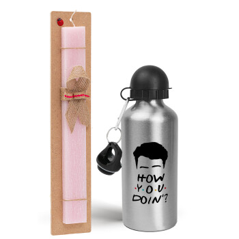 Friends how you doin?, Easter Set, metallic Silver aluminum water bottle (500ml) & scented flat Easter candle (30cm) (PINK)
