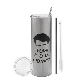 Friends how you doin?, Eco friendly stainless steel Silver tumbler 600ml, with metal straw & cleaning brush