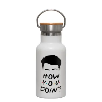 Friends how you doin?, Metallic thermos (Stainless steel) White with wooden lid (bamboo), double-walled, 350ml
