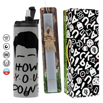 Friends how you doin?, Πασχαλινή Λαμπάδα με Travel Tumbler θερμό (600ml, BPA free) & κερί αρωματικό πλακέ (30cm) (ΓΚΡΙ)