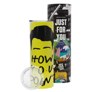 Friends how you doin?, Neon Yellow Travel Tumbler θερμό, μεταλλικό καλαμάκι(Ανωξείδωτο 304 Food grade, BPA free, 600ml)