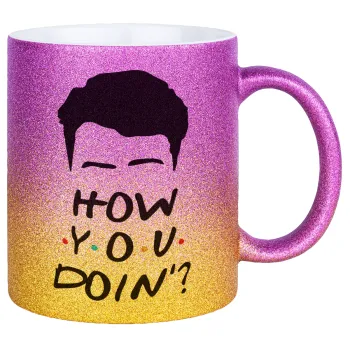 Friends how you doin?, Κούπα Χρυσή/Ροζ Glitter, κεραμική, 330ml